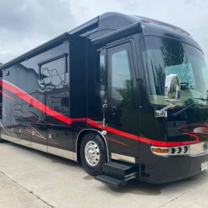 Black with Red Stripe Motorhome freshly washed
